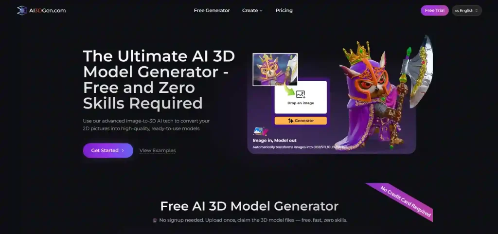 AI3DGen image to 3D model generator homepage