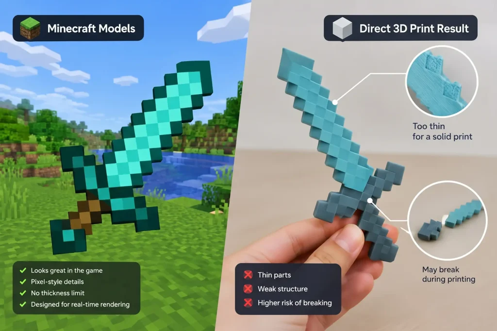 Minecraft sword in game versus fragile 3D printed copy